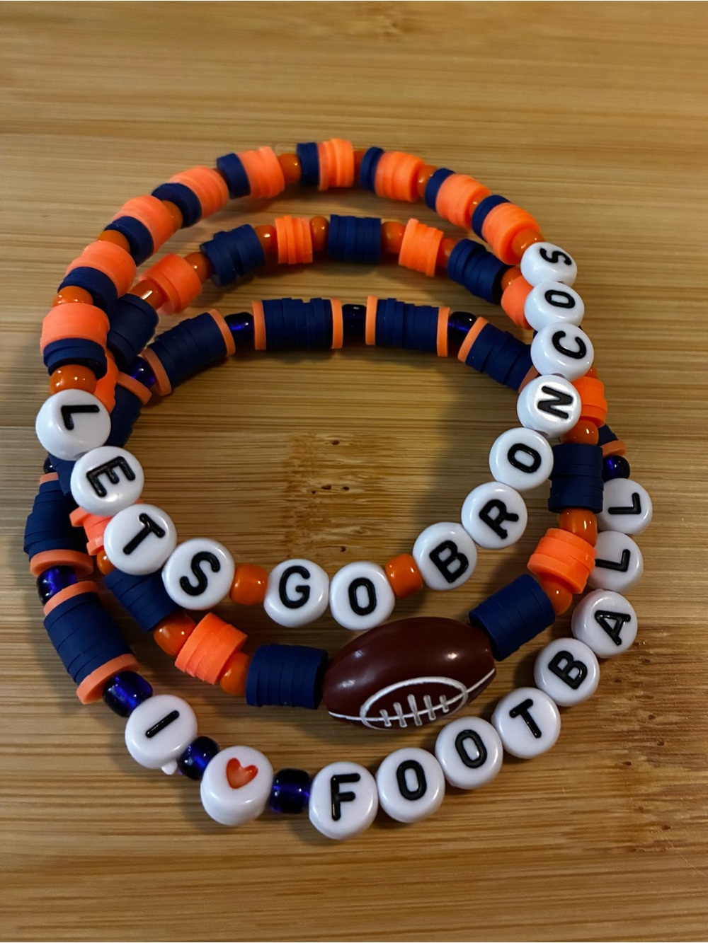 Orange and Navy 'Lets Go Broncos' Football Beaded Bracelet Set